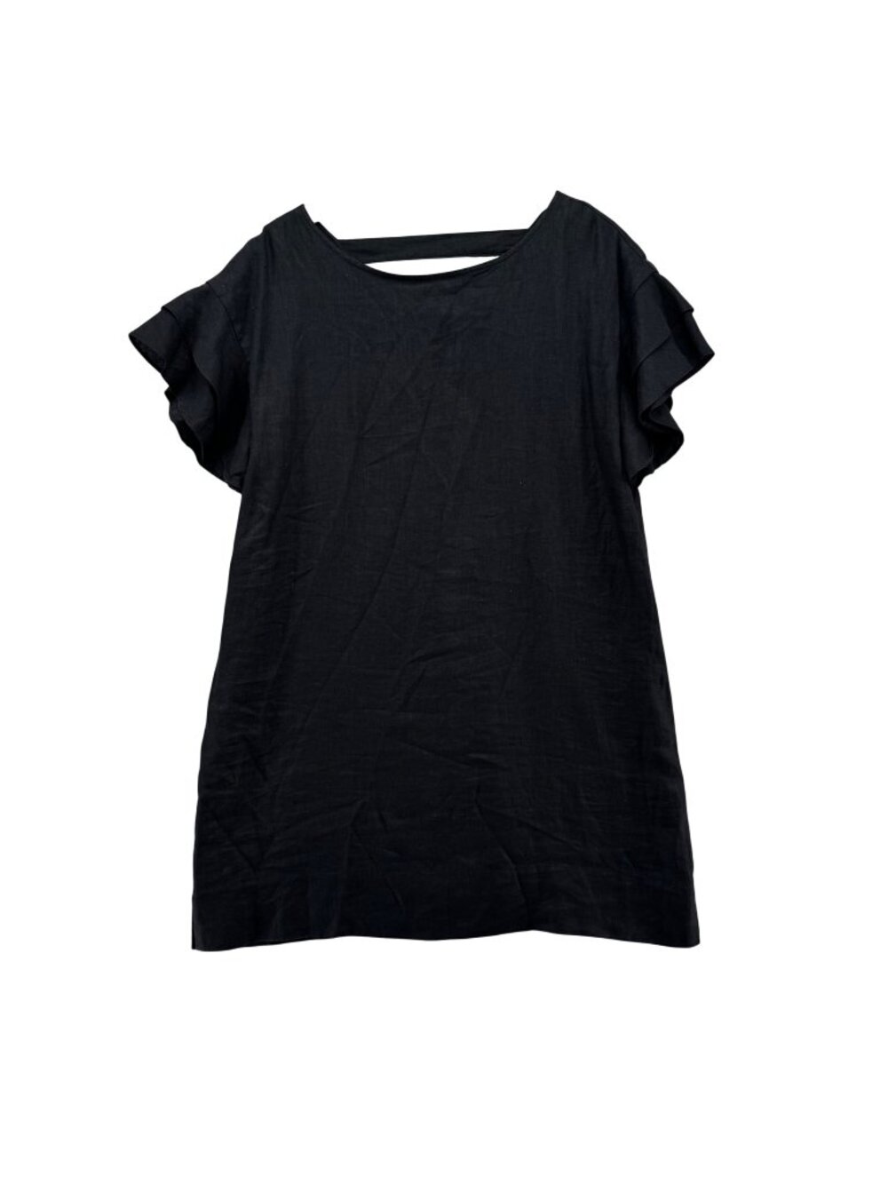 Finley Mini Shirt Dress Black Linen Short Ruffle Sleeve Pullover V Back Size L